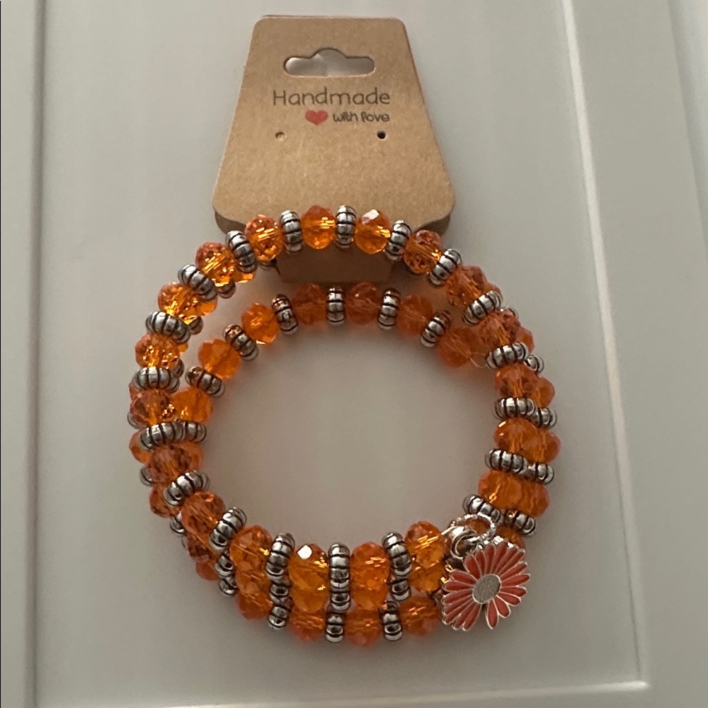 Handmade Memory Wire Orange Beaded Bracelet with Silver Accents